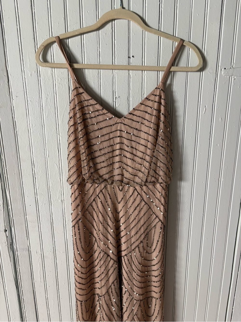 Adrianna Papell Blush Beaded V‑Neck Maxi Dress